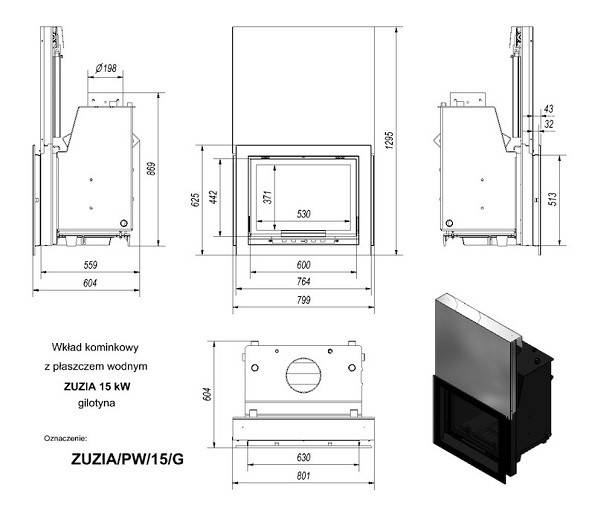 Топка с водяным контуром ZUZIA/PW/15/G/W, гильотина