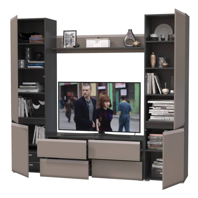 Сидней комплектация для гостиной из двух шкафов с навесной полочкой и тумбы для ТВ цвет антрацит/МДФ веллюто капучино Сидней комплектация для гостиной из двух шкафов с навесной полочкой и тумбы для ТВ цвет антрацит/МДФ веллюто капучино